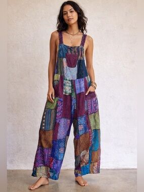 Kathmandu Patchwork Wide Leg Oversized Jumpsuit Boho Hippie Festival Overalls